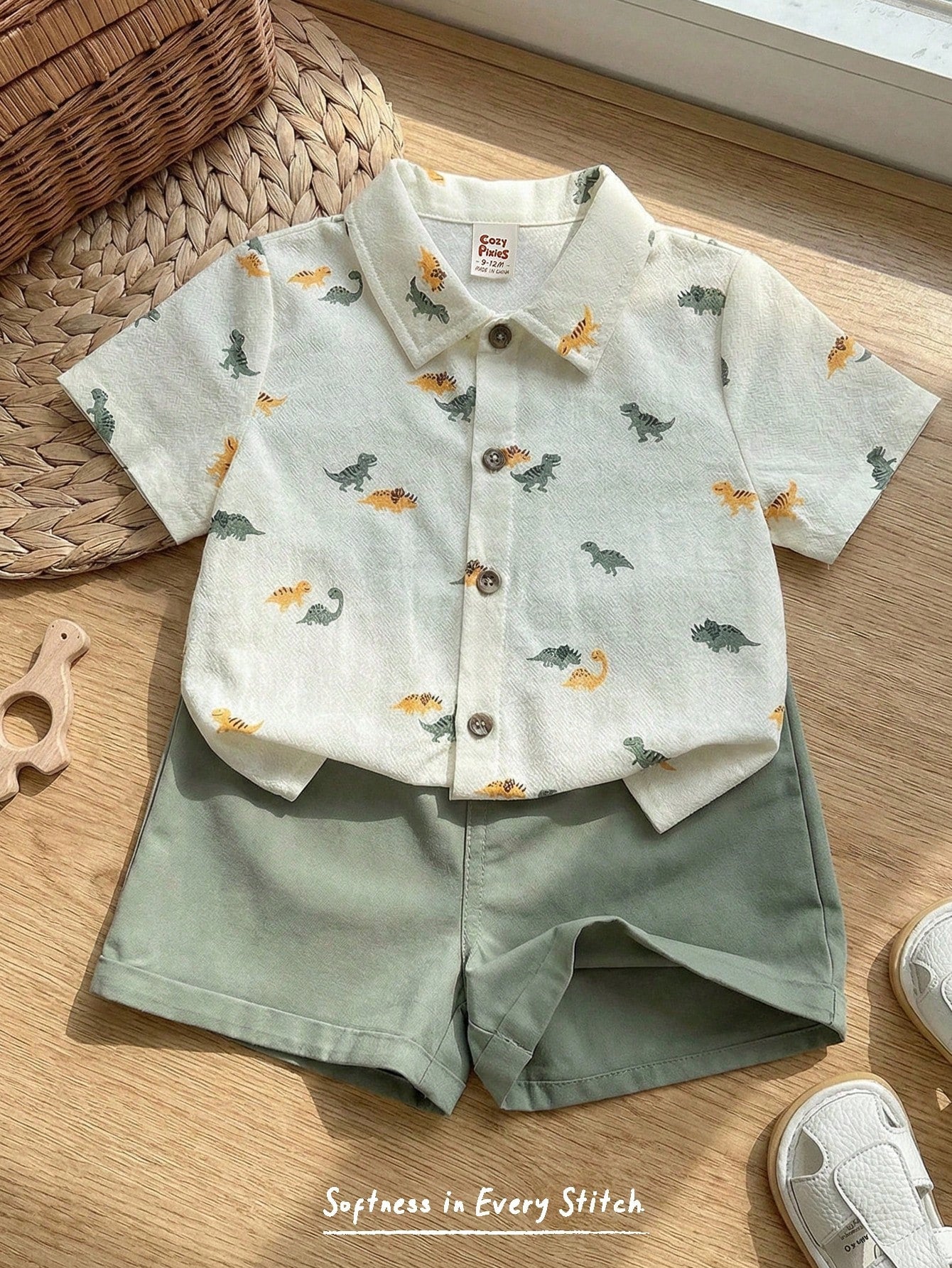 Cozy Pixies 2pcs Baby Boy Cartoon Dinosaur Animal Print Shirt And Elastic Waist Shorts Set,Soft Summer Color Palette,Summer,Casual,Cute,Beach Vacation Outfits