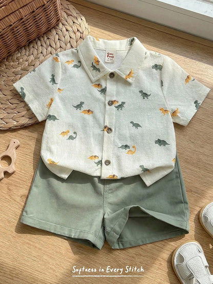 Cozy Pixies 2pcs Baby Boy Cartoon Dinosaur Animal Print Shirt And Elastic Waist Shorts Set,Soft Summer Color Palette,Summer,Casual,Cute,Beach Vacation Outfits