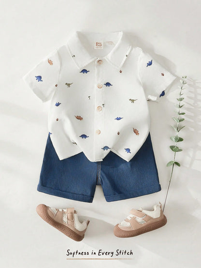 Cozy Pixies 2pcs Baby Boy Cartoon Dinosaur Animal Print Shirt And Elastic Waist Shorts Set,Soft Summer Color Palette,Summer,Casual,Cute,Beach Vacation Outfits
