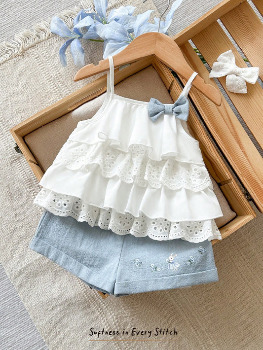 Cozy Pixies 2pcs Baby Girl Contrast Color Bow Decor Camisole And Elastic Waist Shorts Set, Baby Girl