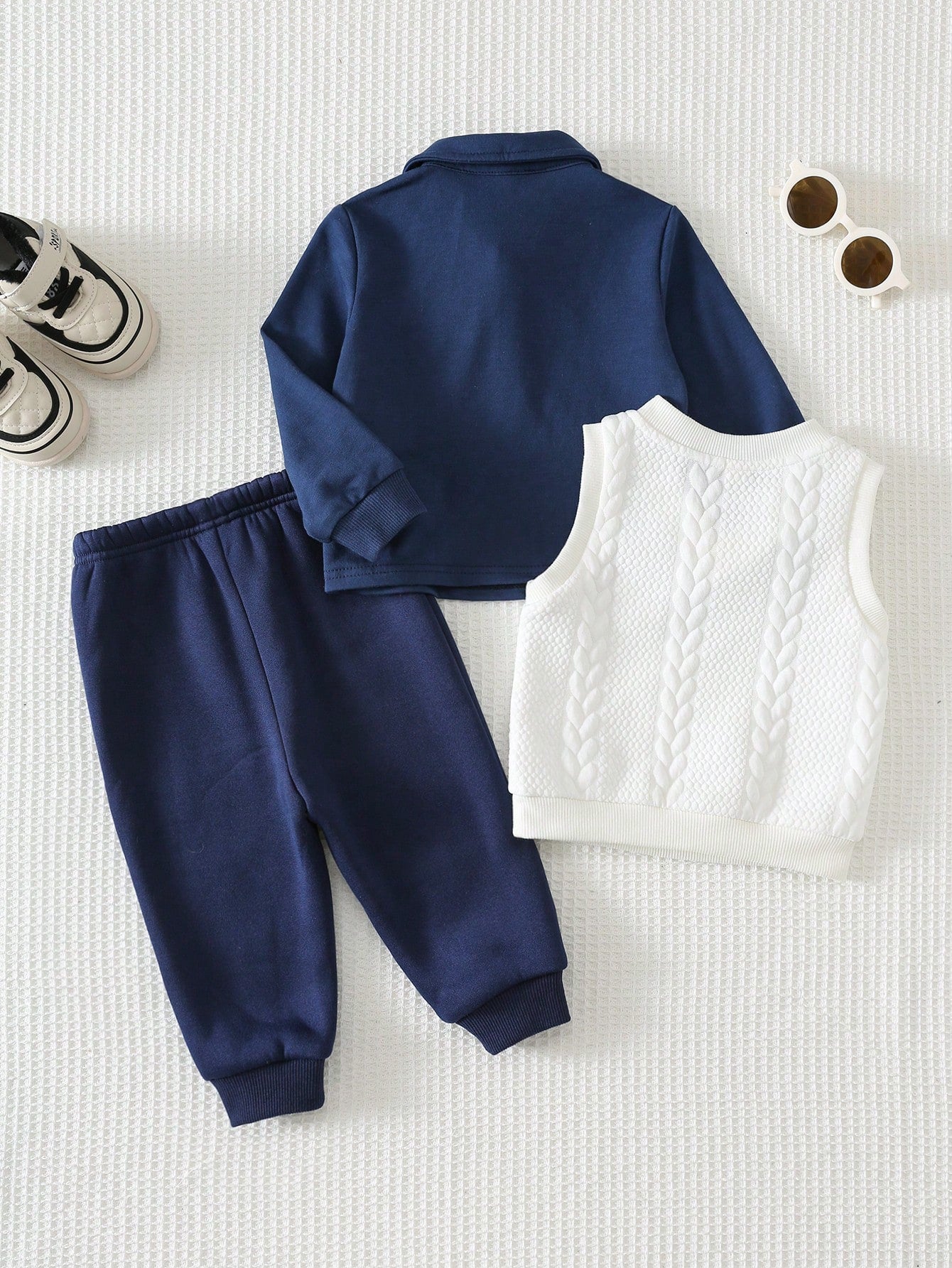 Cozy Pixies Baby Boy Baby Boy 3pcs/Set Autumn/Winter Fashion Cute Bear Pattern Faux Fur Knit Cable Vest, Polo Shirt, Sweatshirt And Jogger Pants 3-Piece Set, Gentleman Outfit, Formal Dress, Suitable F