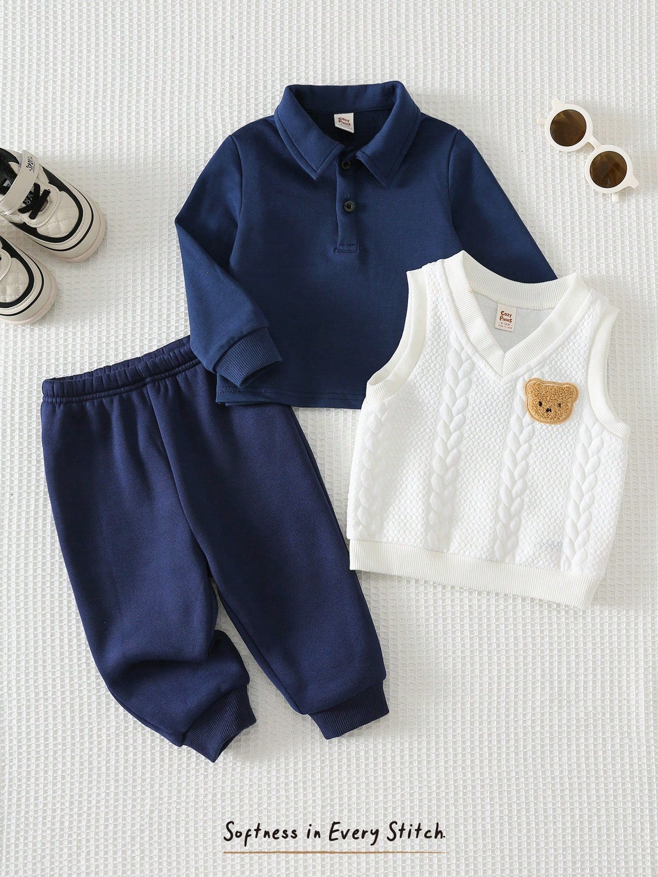 Cozy Pixies Baby Boy Baby Boy 3pcs/Set Autumn/Winter Fashion Cute Bear Pattern Faux Fur Knit Cable Vest, Polo Shirt, Sweatshirt And Jogger Pants 3-Piece Set, Gentleman Outfit, Formal Dress, Suitable F