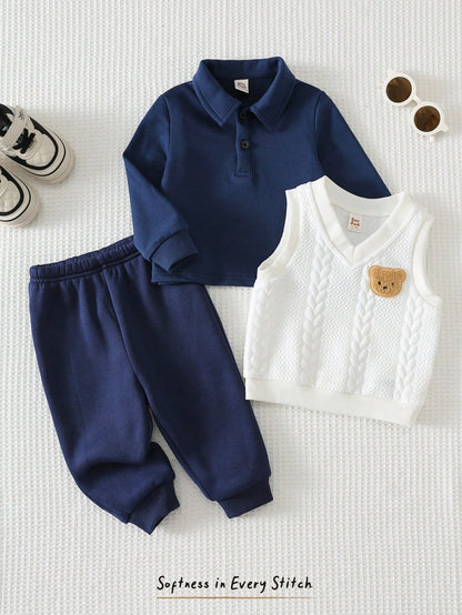 Cozy Pixies Baby Boy Baby Boy 3pcs/Set Autumn/Winter Fashion Cute Bear Pattern Faux Fur Knit Cable Vest, Polo Shirt, Sweatshirt And Jogger Pants 3-Piece Set, Gentleman Outfit, Formal Dress, Suitable F