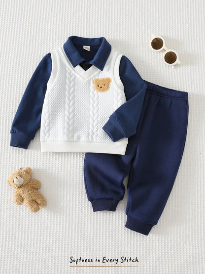 Cozy Pixies Baby Boy Baby Boy 3pcs/Set Autumn/Winter Fashion Cute Bear Pattern Faux Fur Knit Cable Vest, Polo Shirt, Sweatshirt And Jogger Pants 3-Piece Set, Gentleman Outfit, Formal Dress, Suitable F