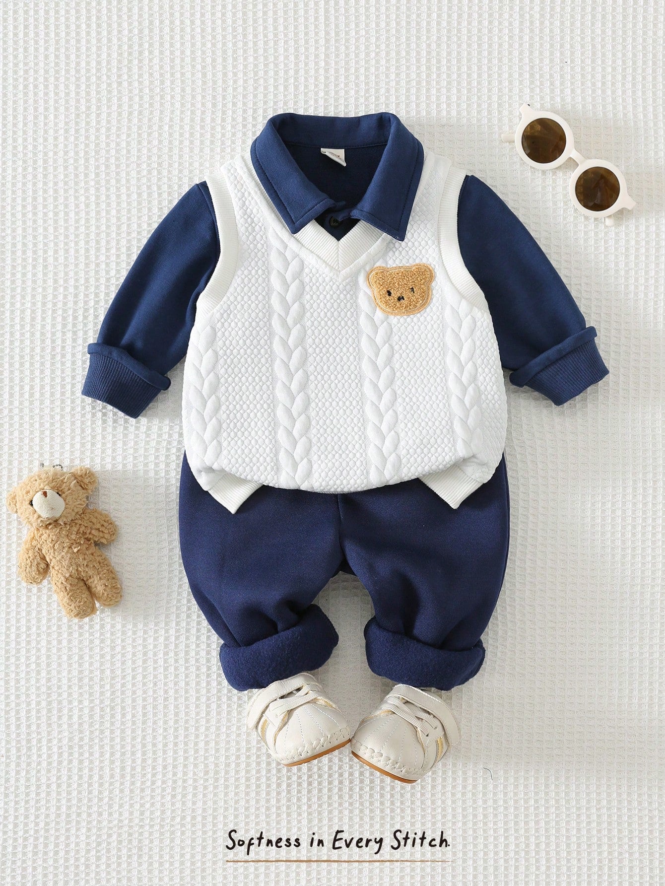 Cozy Pixies Baby Boy Baby Boy 3pcs/Set Autumn/Winter Fashion Cute Bear Pattern Faux Fur Knit Cable Vest, Polo Shirt, Sweatshirt And Jogger Pants 3-Piece Set, Gentleman Outfit, Formal Dress, Suitable F