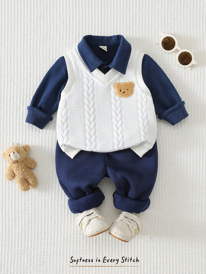 Cozy Pixies Baby Boy Baby Boy 3pcs/Set Autumn/Winter Fashion Cute Bear Pattern Faux Fur Knit Cable Vest, Polo Shirt, Sweatshirt And Jogger Pants 3-Piece Set, Gentleman Outfit, Formal Dress, Suitable F