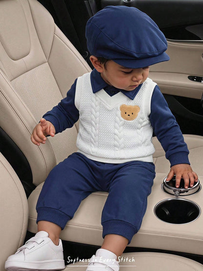 Cozy Pixies Baby Boy Baby Boy 3pcs/Set Autumn/Winter Fashion Cute Bear Pattern Faux Fur Knit Cable Vest, Polo Shirt, Sweatshirt And Jogger Pants 3-Piece Set, Gentleman Outfit, Formal Dress, Suitable F