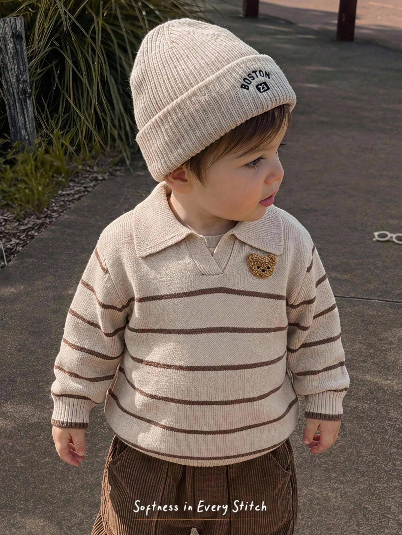 Cozy Pixies Baby Boy Cartoon Bear Pattern Knitted Soft Striped Collar Long Sleeve Pullover Autumn Winter Sweater