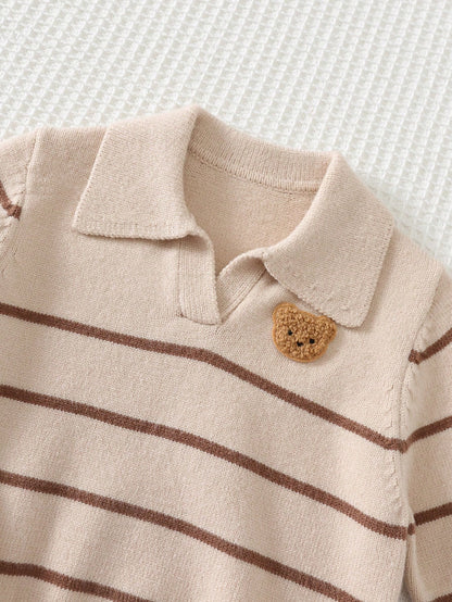 Cozy Pixies Baby Boy Cartoon Bear Pattern Knitted Soft Striped Collar Long Sleeve Pullover Autumn Winter Sweater