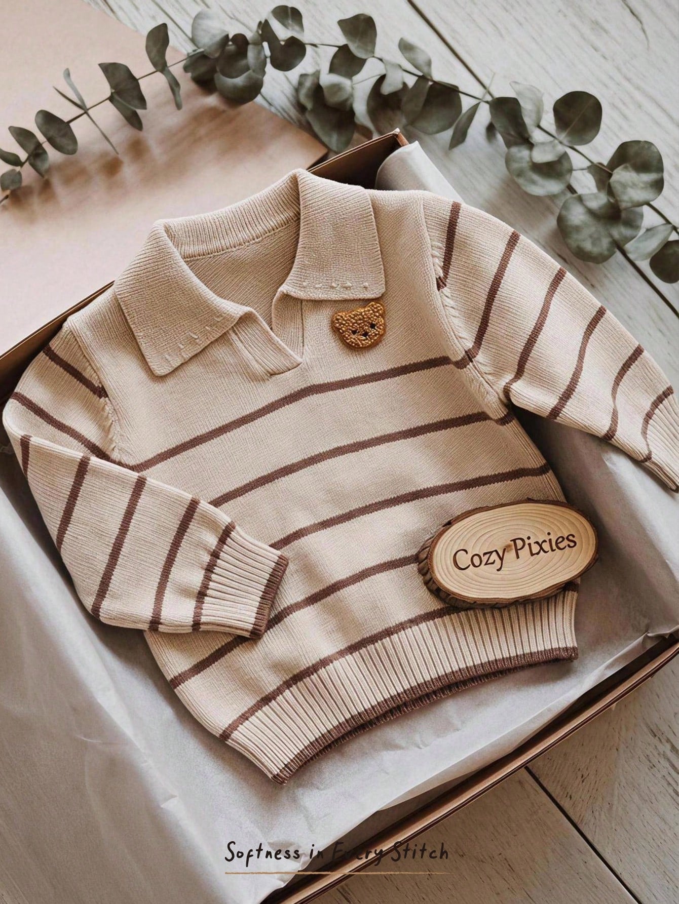 Cozy Pixies Baby Boy Cartoon Bear Pattern Knitted Soft Striped Collar Long Sleeve Pullover Autumn Winter Sweater