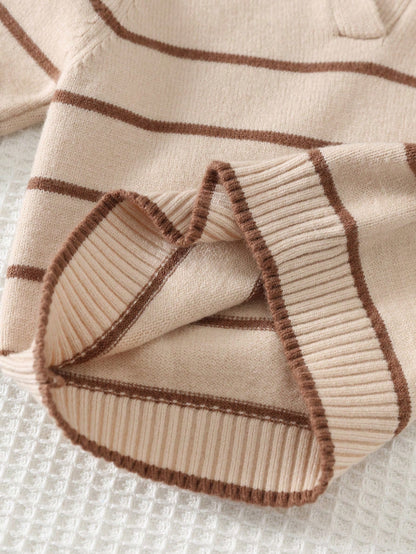 Cozy Pixies Baby Boy Cartoon Bear Pattern Knitted Soft Striped Collar Long Sleeve Pullover Autumn Winter Sweater