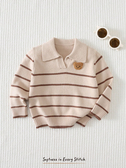 Cozy Pixies Baby Boy Cartoon Bear Pattern Knitted Soft Striped Collar Long Sleeve Pullover Autumn Winter Sweater