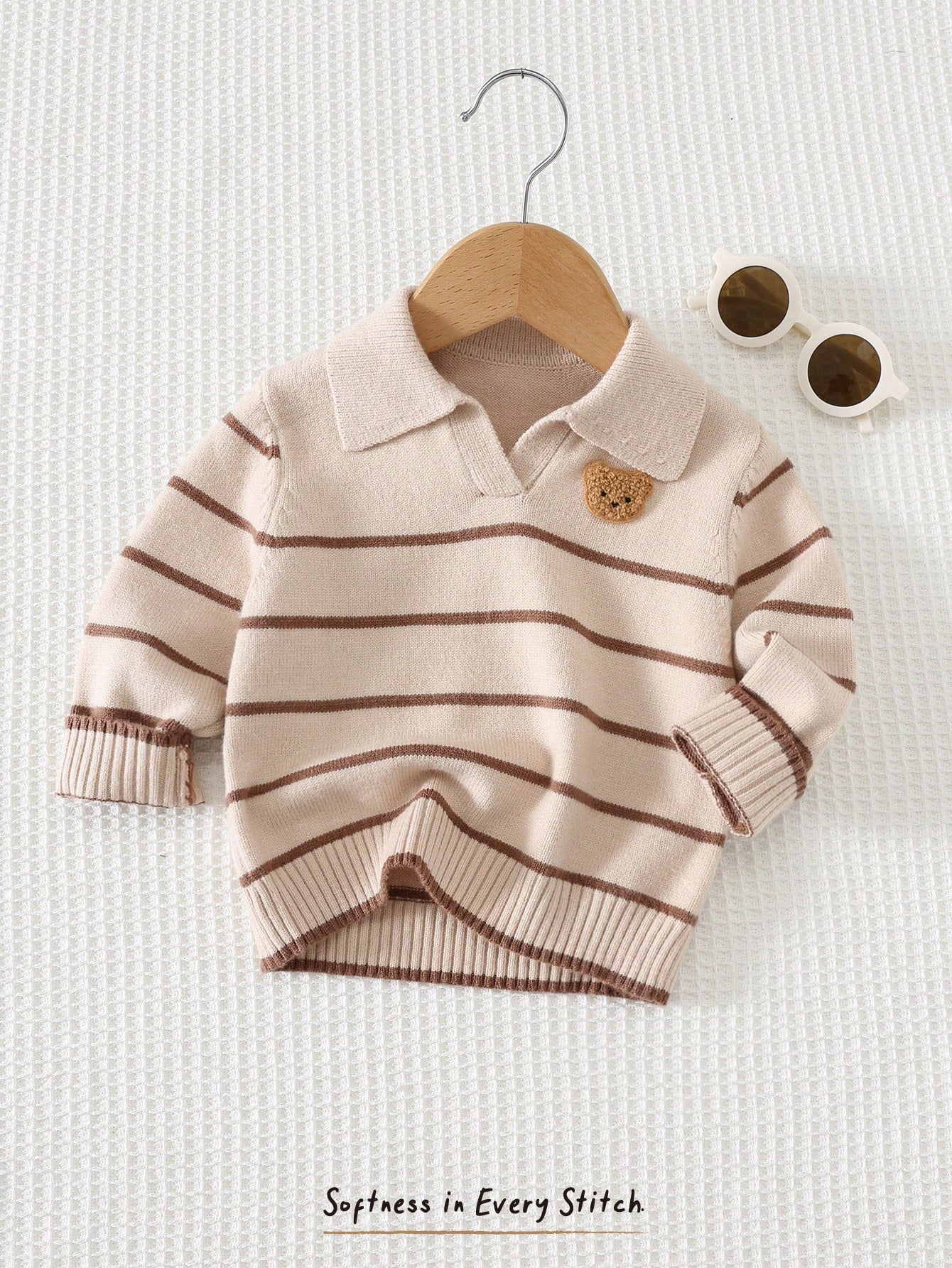 Cozy Pixies Baby Boy Cartoon Bear Pattern Knitted Soft Striped Collar Long Sleeve Pullover Autumn Winter Sweater