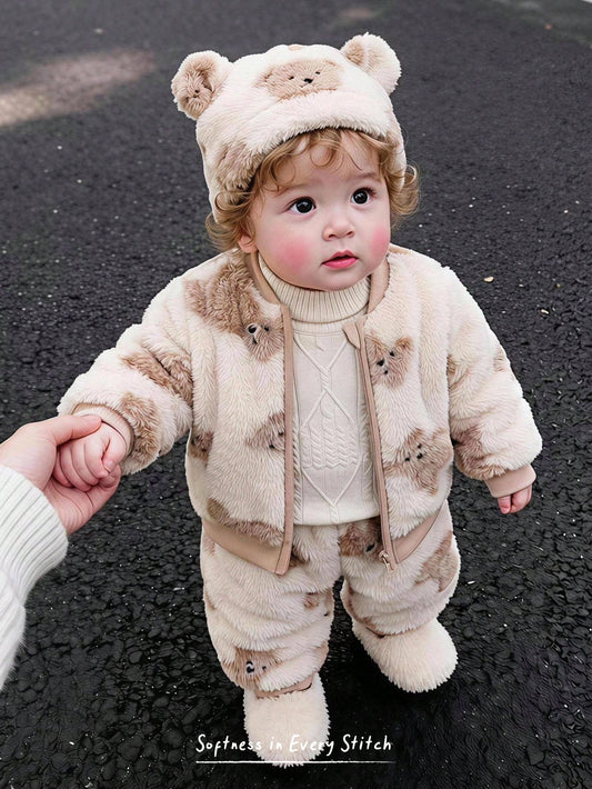 Cozy Pixies Baby Boys Shirt Co-Ords 2pcs/Set Fleece Teddy Bear Print Plush Jacket Knitted Top Sweatshirt And Sweatpants Long Pants Colorblock Set, Autumn/Winter