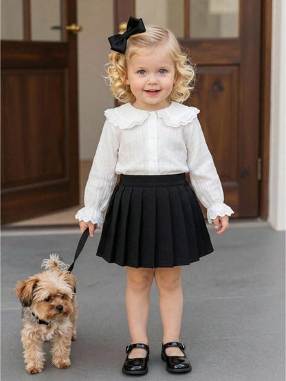 Cozy Pixies Baby Girl Cute Fashion White Long Sleeve Peter Pan Collar Lace Trim Flared Sleeve Blouse, Autumn/Winter Clothing, White Shirt To Match With Skirts