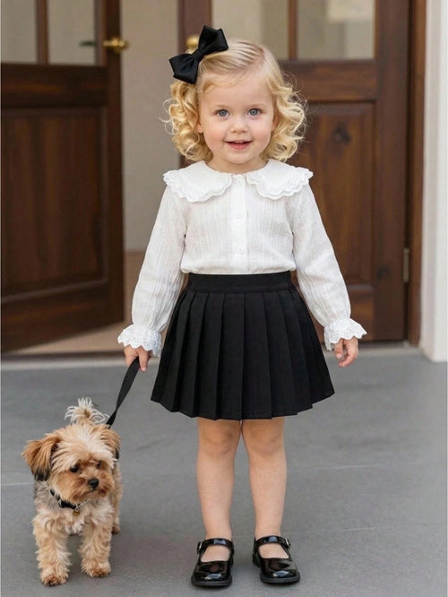 Cozy Pixies Baby Girl Cute Fashion White Long Sleeve Peter Pan Collar Lace Trim Flared Sleeve Blouse, Autumn/Winter Clothing, White Shirt To Match With Skirts