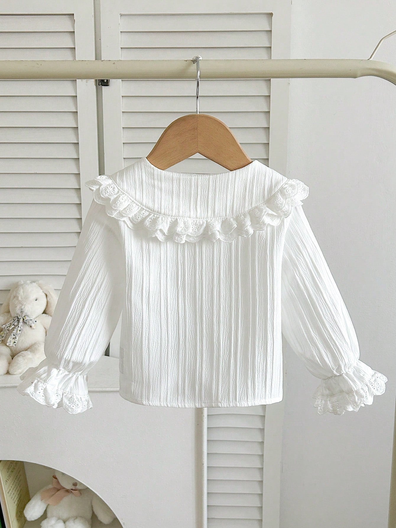Cozy Pixies Baby Girl Cute Fashion White Long Sleeve Peter Pan Collar Lace Trim Flared Sleeve Blouse, Autumn/Winter Clothing, White Shirt To Match With Skirts
