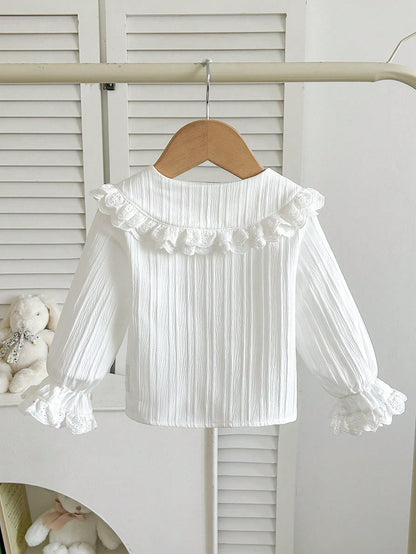 Cozy Pixies Baby Girl Cute Fashion White Long Sleeve Peter Pan Collar Lace Trim Flared Sleeve Blouse, Autumn/Winter Clothing, White Shirt To Match With Skirts