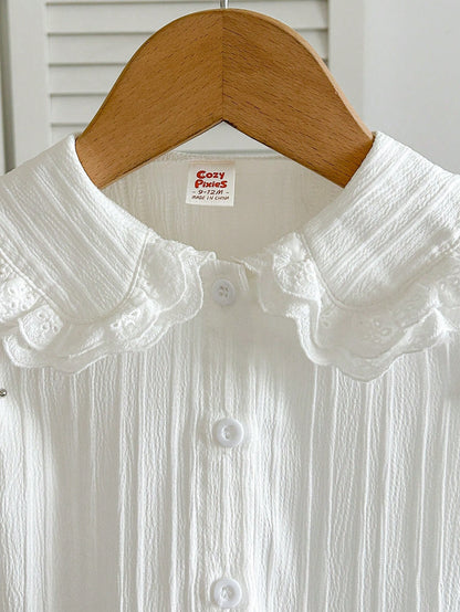 Cozy Pixies Baby Girl Cute Fashion White Long Sleeve Peter Pan Collar Lace Trim Flared Sleeve Blouse, Autumn/Winter Clothing, White Shirt To Match With Skirts