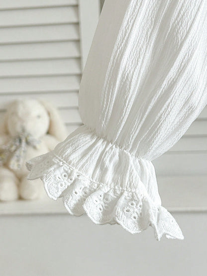 Cozy Pixies Baby Girl Cute Fashion White Long Sleeve Peter Pan Collar Lace Trim Flared Sleeve Blouse, Autumn/Winter Clothing, White Shirt To Match With Skirts