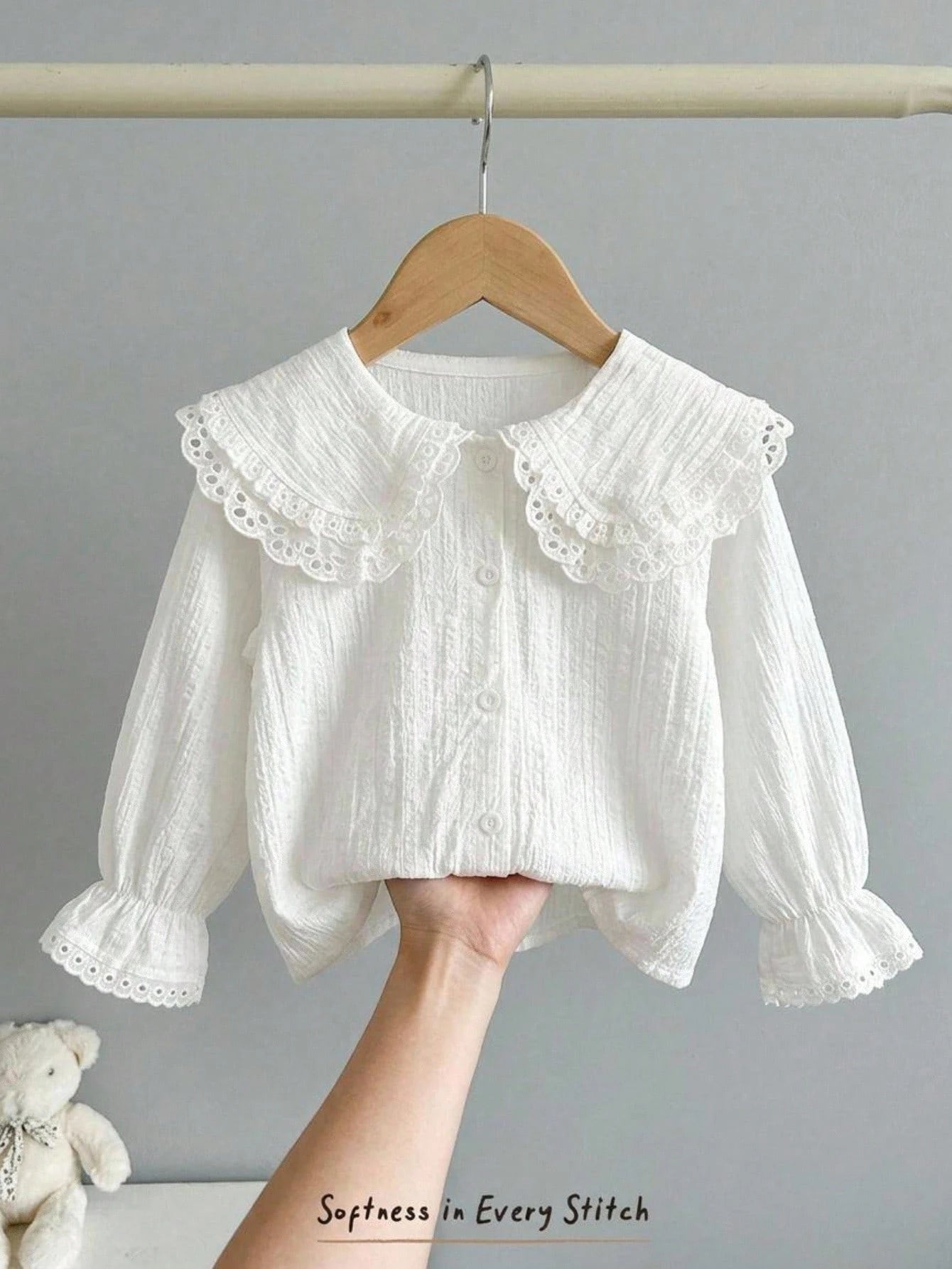 Cozy Pixies Baby Girl Cute Fashion White Long Sleeve Peter Pan Collar Lace Trim Flared Sleeve Blouse, Autumn/Winter Clothing, White Shirt To Match With Skirts