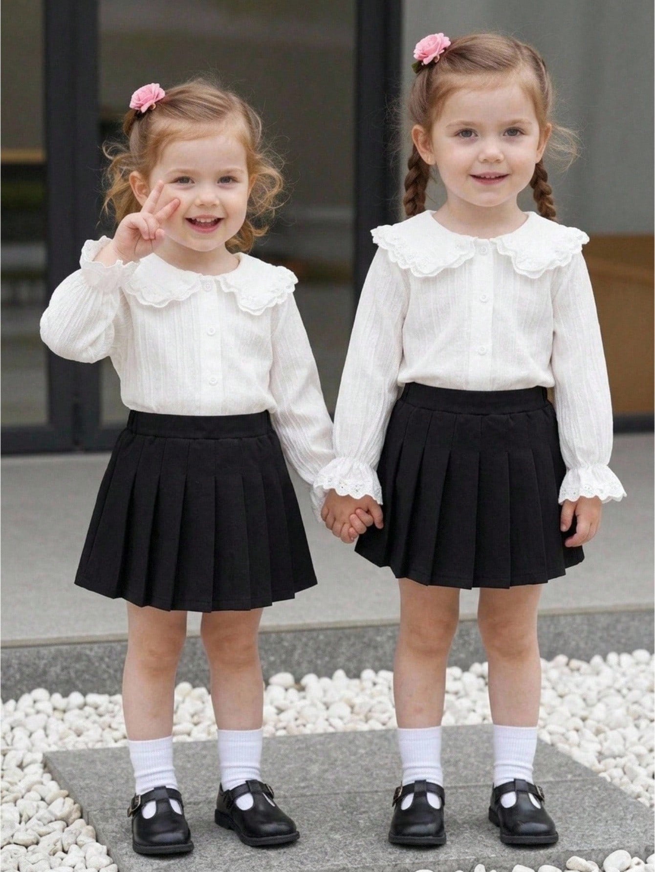 Cozy Pixies Baby Girl Cute Fashion White Long Sleeve Peter Pan Collar Lace Trim Flared Sleeve Blouse, Autumn/Winter Clothing, White Shirt To Match With Skirts
