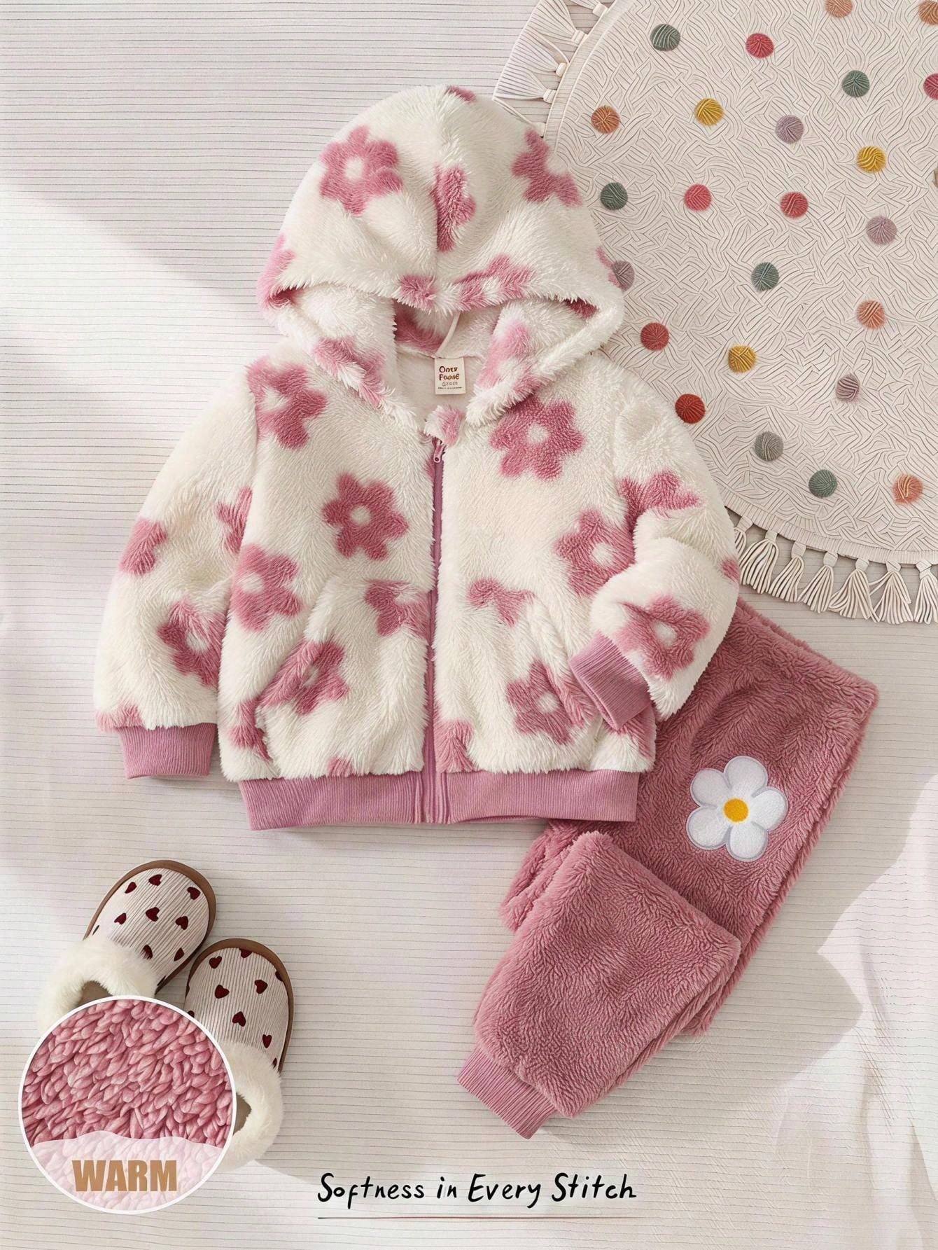 Cozy Pixies Baby Girl Floral Pattern Thermal Lined Thick Hooded Long Sleeve Open Front Sweatshirt Solid Color Knit Soft Elastic Waist Long Pants 2pcs Set Cute Floral Zipper Hooded Jacket Casual Long P