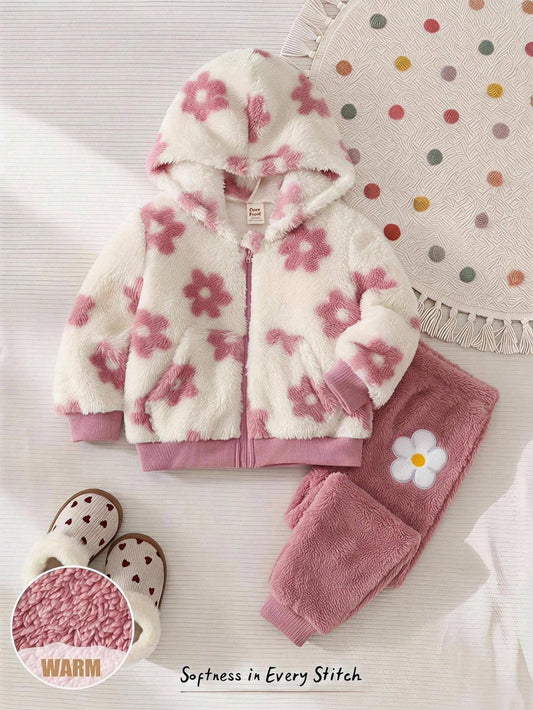 Cozy Pixies Baby Girl Floral Pattern Thermal Lined Thick Hooded Long Sleeve Open Front Sweatshirt Solid Color Knit Soft Elastic Waist Long Pants 2pcs Set Cute Floral Zipper Hooded Jacket Casual Long P