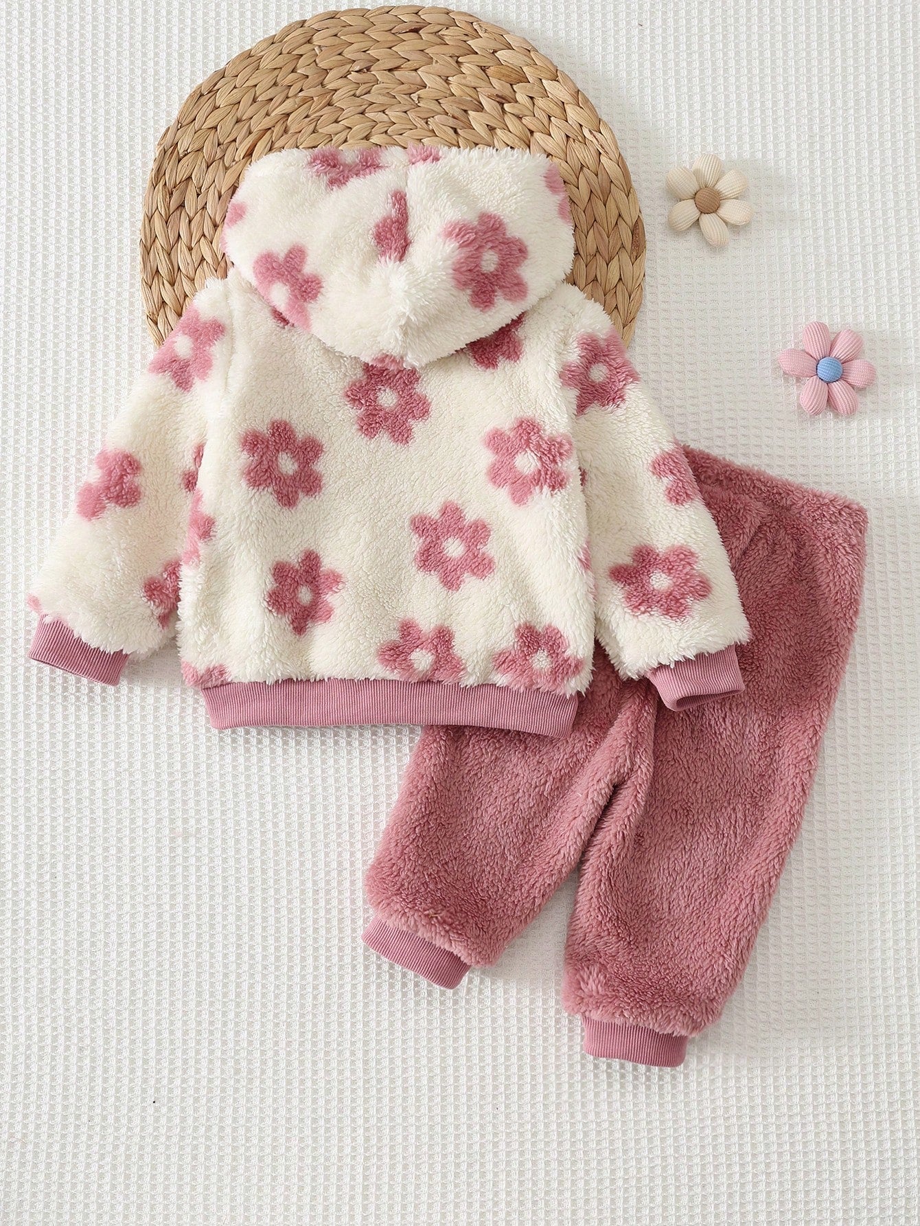 Cozy Pixies Baby Girl Floral Pattern Thermal Lined Thick Hooded Long Sleeve Open Front Sweatshirt Solid Color Knit Soft Elastic Waist Long Pants 2pcs Set Cute Floral Zipper Hooded Jacket Casual Long P