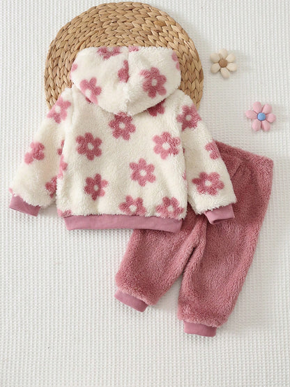 Cozy Pixies Baby Girl Floral Pattern Thermal Lined Thick Hooded Long Sleeve Open Front Sweatshirt Solid Color Knit Soft Elastic Waist Long Pants 2pcs Set Cute Floral Zipper Hooded Jacket Casual Long P