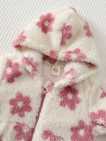 Cozy Pixies Baby Girl Floral Pattern Thermal Lined Thick Hooded Long Sleeve Open Front Sweatshirt Solid Color Knit Soft Elastic Waist Long Pants 2pcs Set Cute Floral Zipper Hooded Jacket Casual Long P