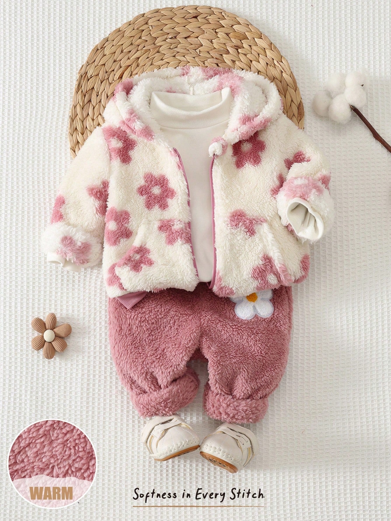 Cozy Pixies Baby Girl Floral Pattern Thermal Lined Thick Hooded Long Sleeve Open Front Sweatshirt Solid Color Knit Soft Elastic Waist Long Pants 2pcs Set Cute Floral Zipper Hooded Jacket Casual Long P