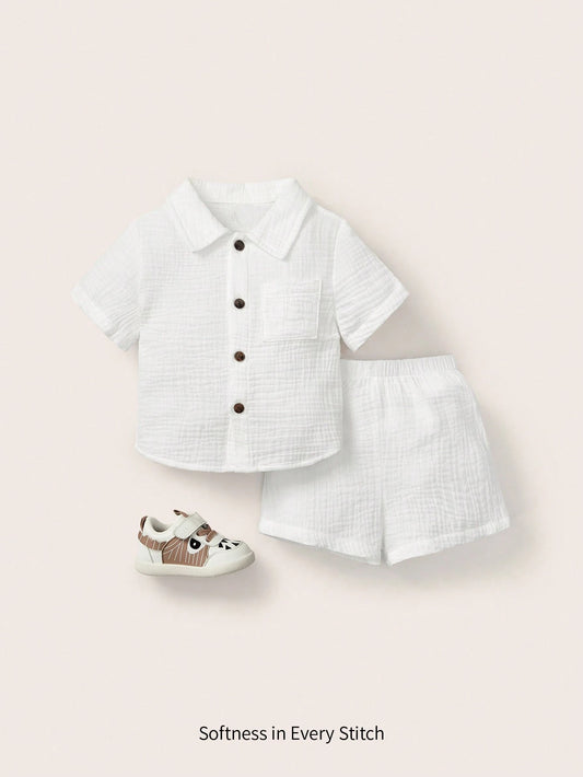 Cozy Pixies Solid Color Set For Spring/Summer Baby Boy Pocket Patchwork Shirt & Shorts