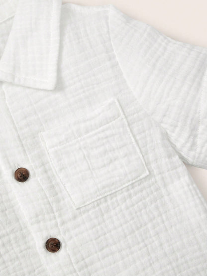 Cozy Pixies Solid Color Set For Spring/Summer Baby Boy Pocket Patchwork Shirt & Shorts