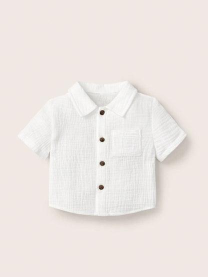 Cozy Pixies Solid Color Set For Spring/Summer Baby Boy Pocket Patchwork Shirt & Shorts