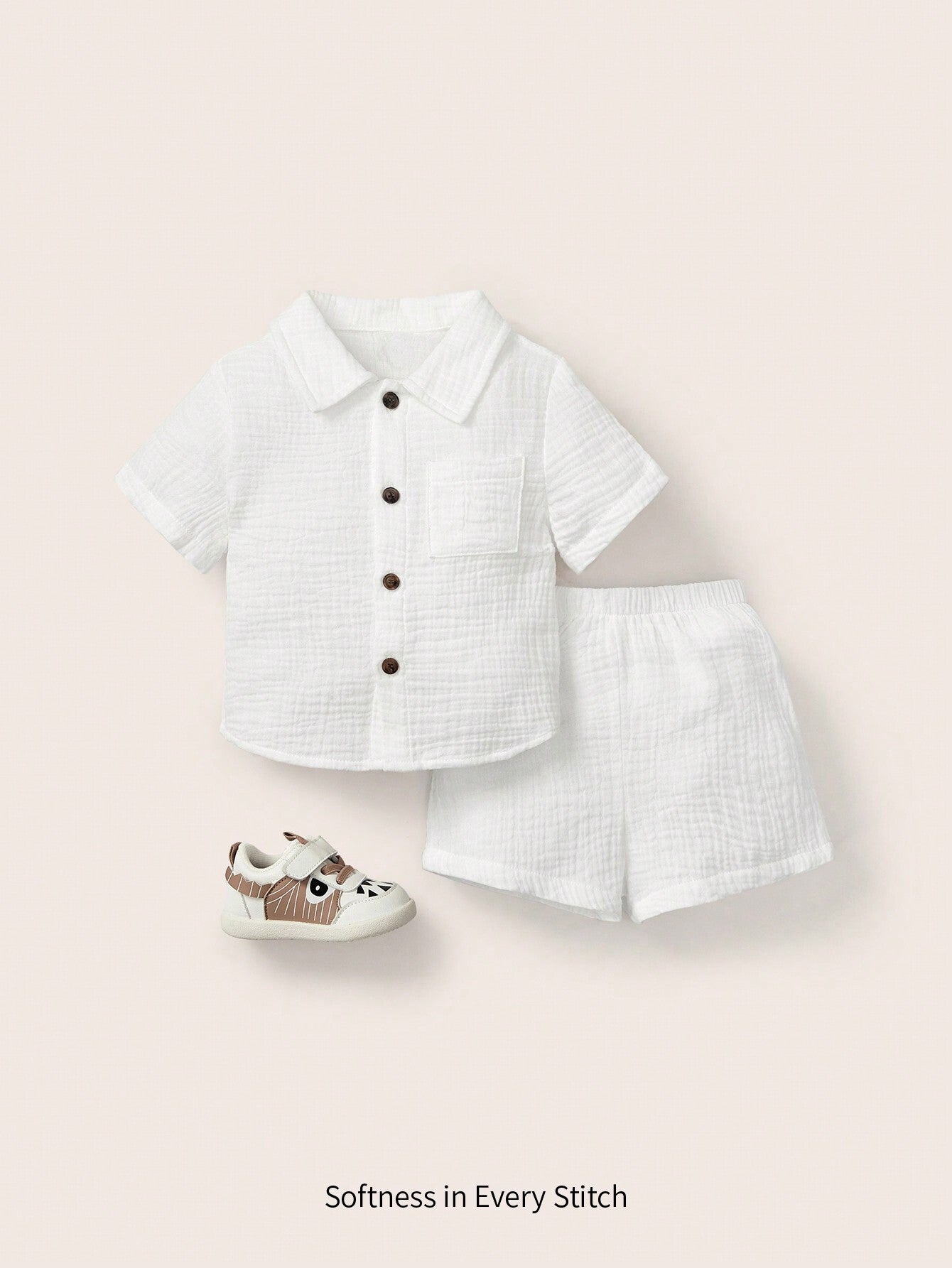 Cozy Pixies Solid Color Set For Spring/Summer Baby Boy Pocket Patchwork Shirt & Shorts