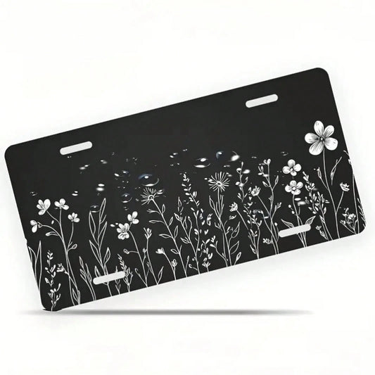 CP White Floral Sketch Black Front License Plate, Aluminum Cover And Frame, Fun Standard Style, Suitable For Decorating Cars For Men/Women/Boys/Girls, 6*12inch, Car Accessories, Automotive Supplies, S