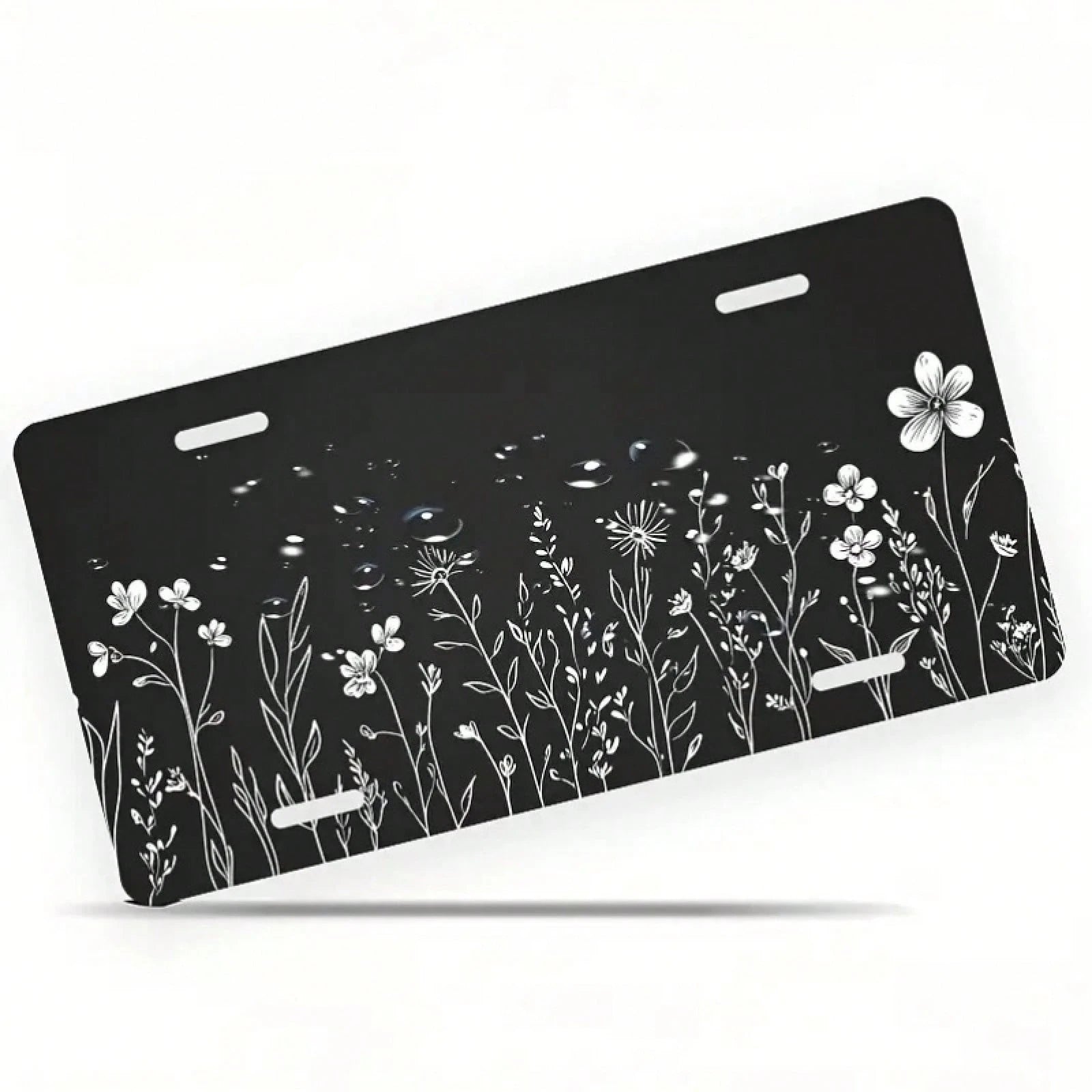 CP White Floral Sketch Black Front License Plate, Aluminum Cover And Frame, Fun Standard Style, Suitable For Decorating Cars For Men/Women/Boys/Girls, 6*12inch, Car Accessories, Automotive Supplies, S