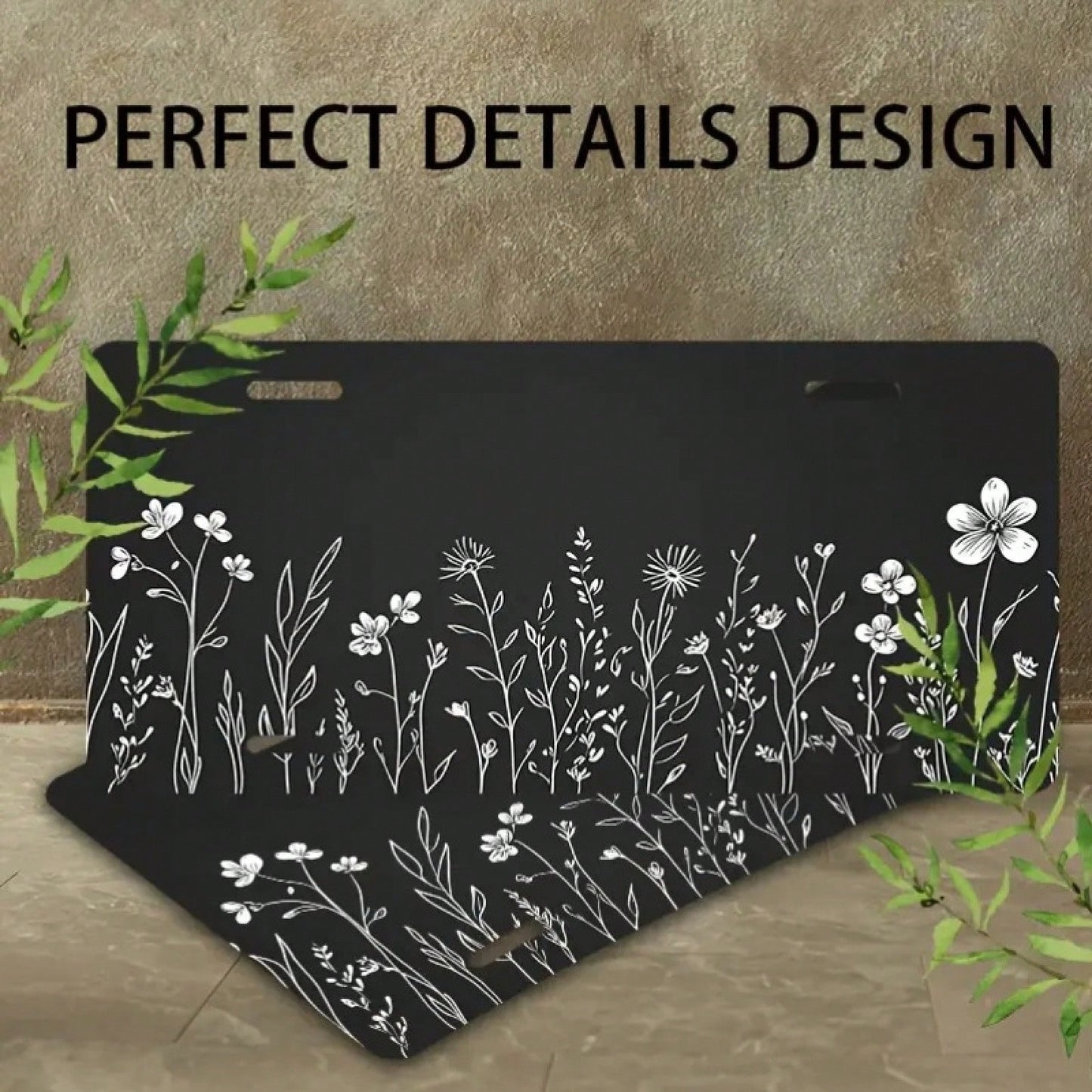 CP White Floral Sketch Black Front License Plate, Aluminum Cover And Frame, Fun Standard Style, Suitable For Decorating Cars For Men/Women/Boys/Girls, 6*12inch, Car Accessories, Automotive Supplies, S