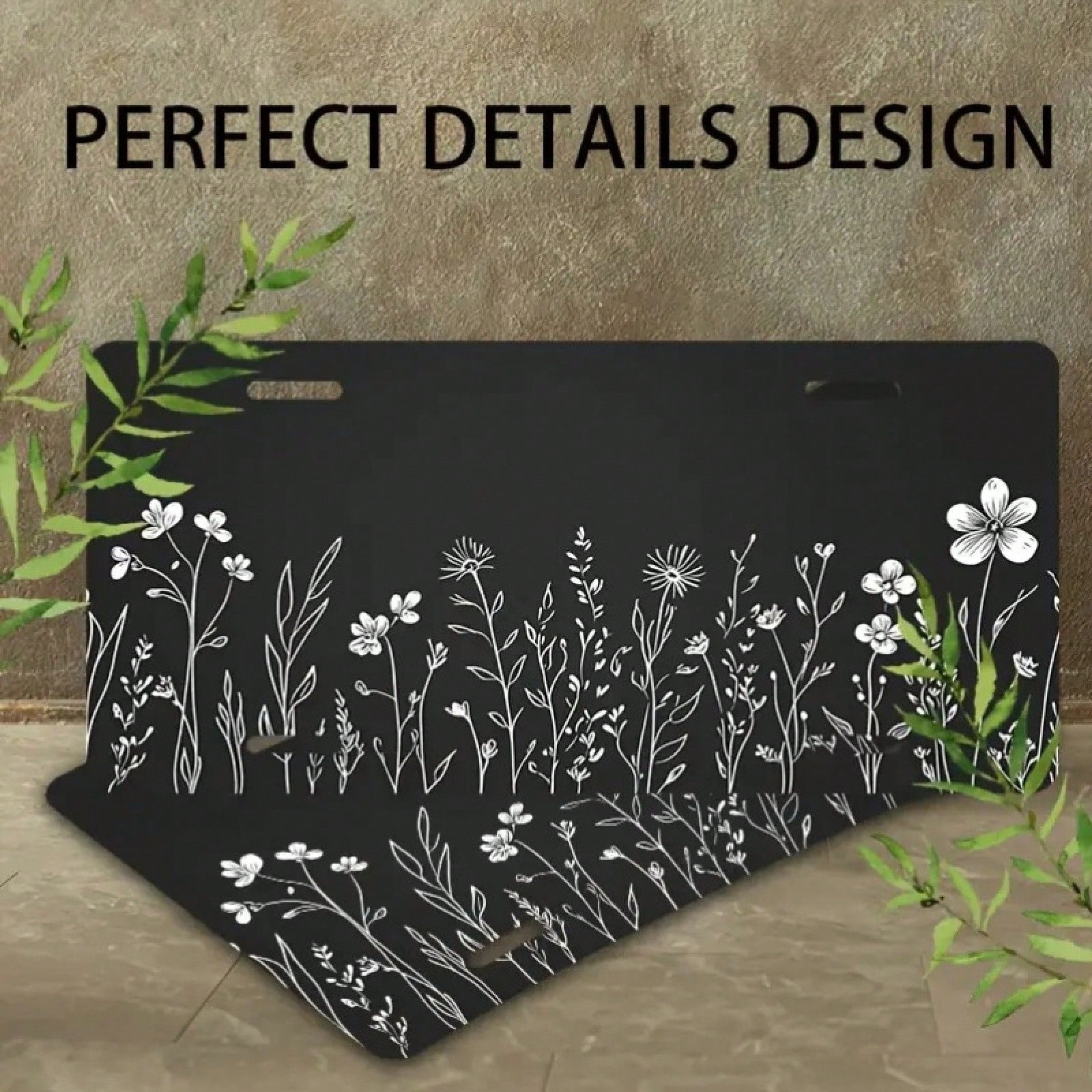 CP White Floral Sketch Black Front License Plate, Aluminum Cover And Frame, Fun Standard Style, Suitable For Decorating Cars For Men/Women/Boys/Girls, 6*12inch, Car Accessories, Automotive Supplies, S