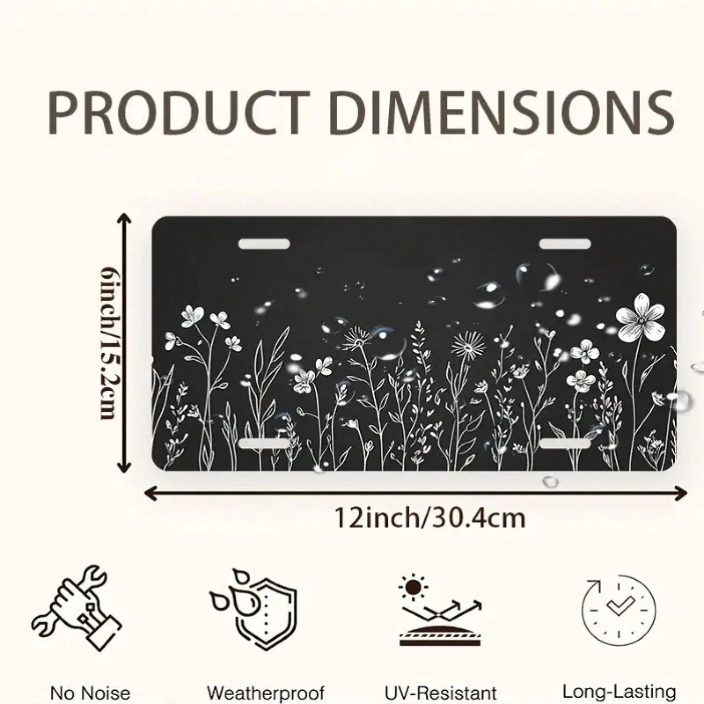 CP White Floral Sketch Black Front License Plate, Aluminum Cover And Frame, Fun Standard Style, Suitable For Decorating Cars For Men/Women/Boys/Girls, 6*12inch, Car Accessories, Automotive Supplies, S