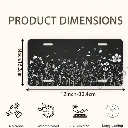 CP White Floral Sketch Black Front License Plate, Aluminum Cover And Frame, Fun Standard Style, Suitable For Decorating Cars For Men/Women/Boys/Girls, 6*12inch, Car Accessories, Automotive Supplies, S