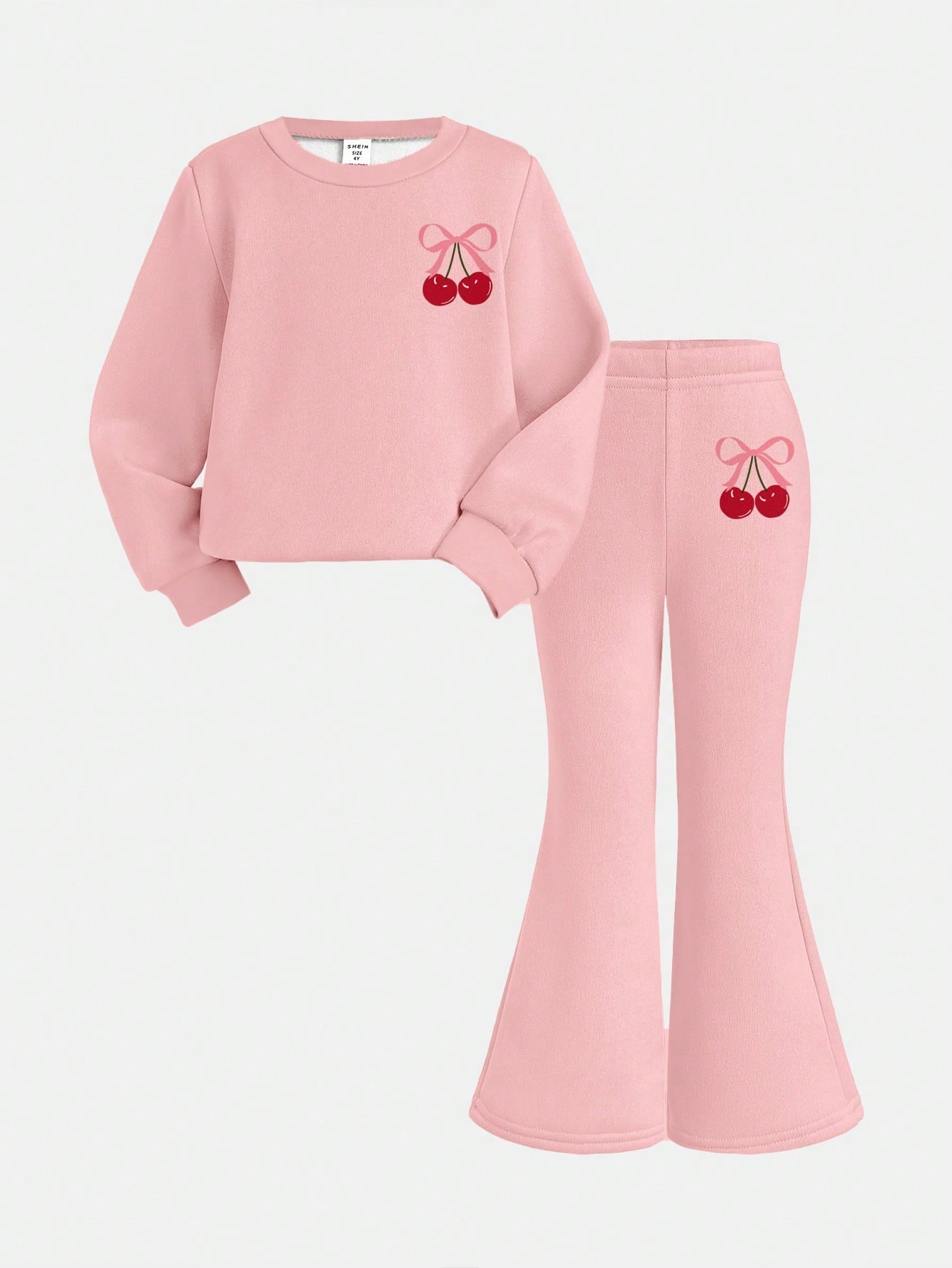 Creamy Pink❤Vintage Sweet Pink Bow & Cherry Print, Baby Girl Casual Minimalist Knit Soft Pullover Set, Suitable For Autumn/Winter, Cozy Season, Christmas Vibes, Christmas Gifts, Autumn & Winter