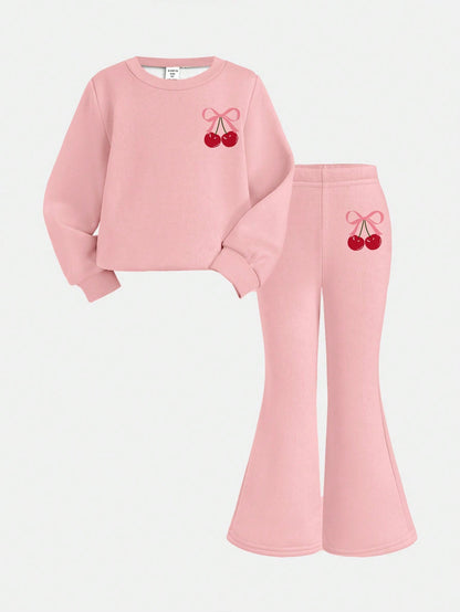 Creamy Pink❤Vintage Sweet Pink Bow & Cherry Print, Baby Girl Casual Minimalist Knit Soft Pullover Set, Suitable For Autumn/Winter, Cozy Season, Christmas Vibes, Christmas Gifts, Autumn & Winter
