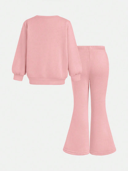 Creamy Pink❤Vintage Sweet Pink Bow & Cherry Print, Baby Girl Casual Minimalist Knit Soft Pullover Set, Suitable For Autumn/Winter, Cozy Season, Christmas Vibes, Christmas Gifts, Autumn & Winter