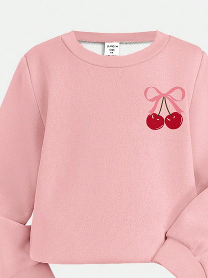 Creamy Pink❤Vintage Sweet Pink Bow & Cherry Print, Baby Girl Casual Minimalist Knit Soft Pullover Set, Suitable For Autumn/Winter, Cozy Season, Christmas Vibes, Christmas Gifts, Autumn & Winter