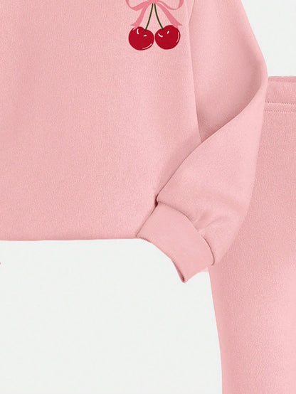 Creamy Pink❤Vintage Sweet Pink Bow & Cherry Print, Baby Girl Casual Minimalist Knit Soft Pullover Set, Suitable For Autumn/Winter, Cozy Season, Christmas Vibes, Christmas Gifts, Autumn & Winter