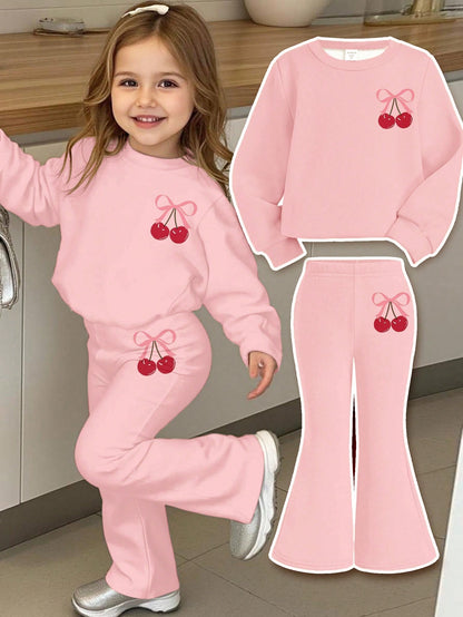 Creamy Pink❤Vintage Sweet Pink Bow & Cherry Print, Baby Girl Casual Minimalist Knit Soft Pullover Set, Suitable For Autumn/Winter, Cozy Season, Christmas Vibes, Christmas Gifts, Autumn & Winter