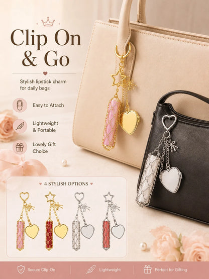 Creative Hanging Decor Heart & Star Pendant Mesh Bag, Stainless Steel Lipstick/Lip Balm Holder, Metal Keychain