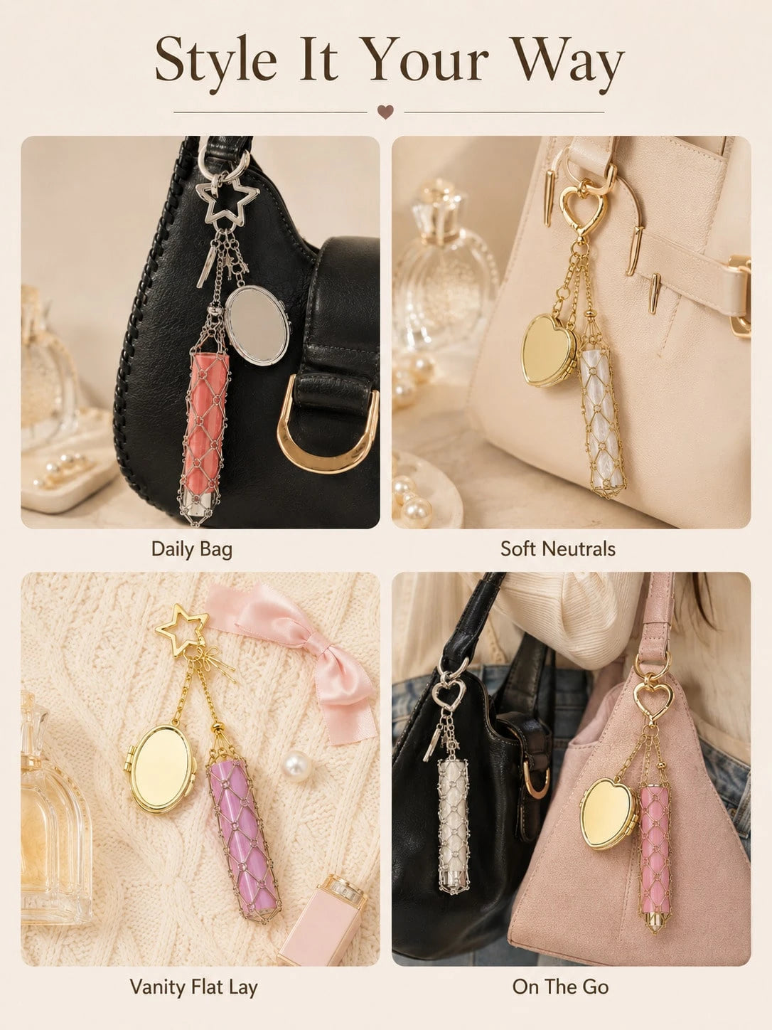 Creative Hanging Decor Heart & Star Pendant Mesh Bag, Stainless Steel Lipstick/Lip Balm Holder, Metal Keychain